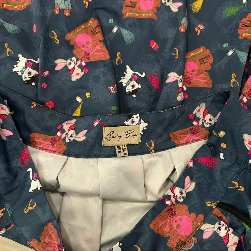 Lindy Bop Pleated Aline Skirt Teddy Bear Rabbit Skull Retro Print size 18